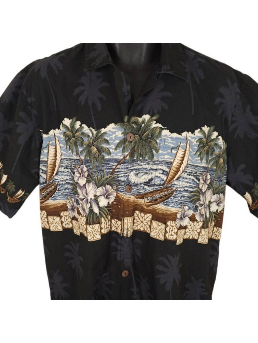 Hawaiian Shirt Mens Size Large Black Double Hull Canoe All Over Print